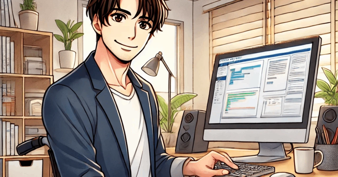 在宅勤務でIT業界のプログラミング業務を行う30代男性が自宅でパソコン作業をしている様子