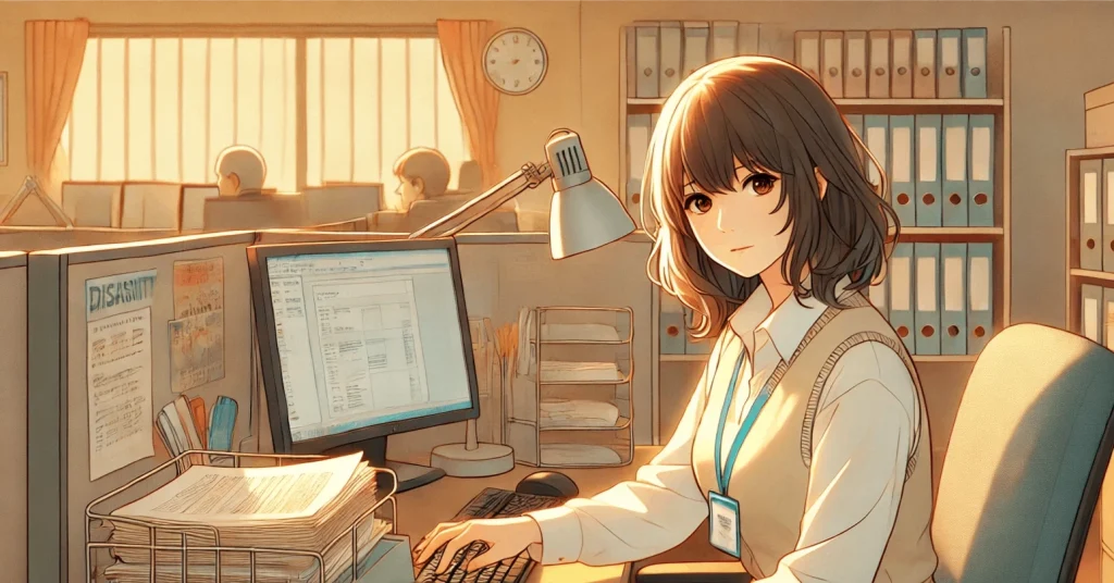 福祉業界で支援員として働く40代女性が、オフィスでパソコン作業をしている様子