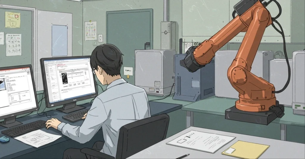 製造業の職場で事務作業を行う20代男性の卒業生