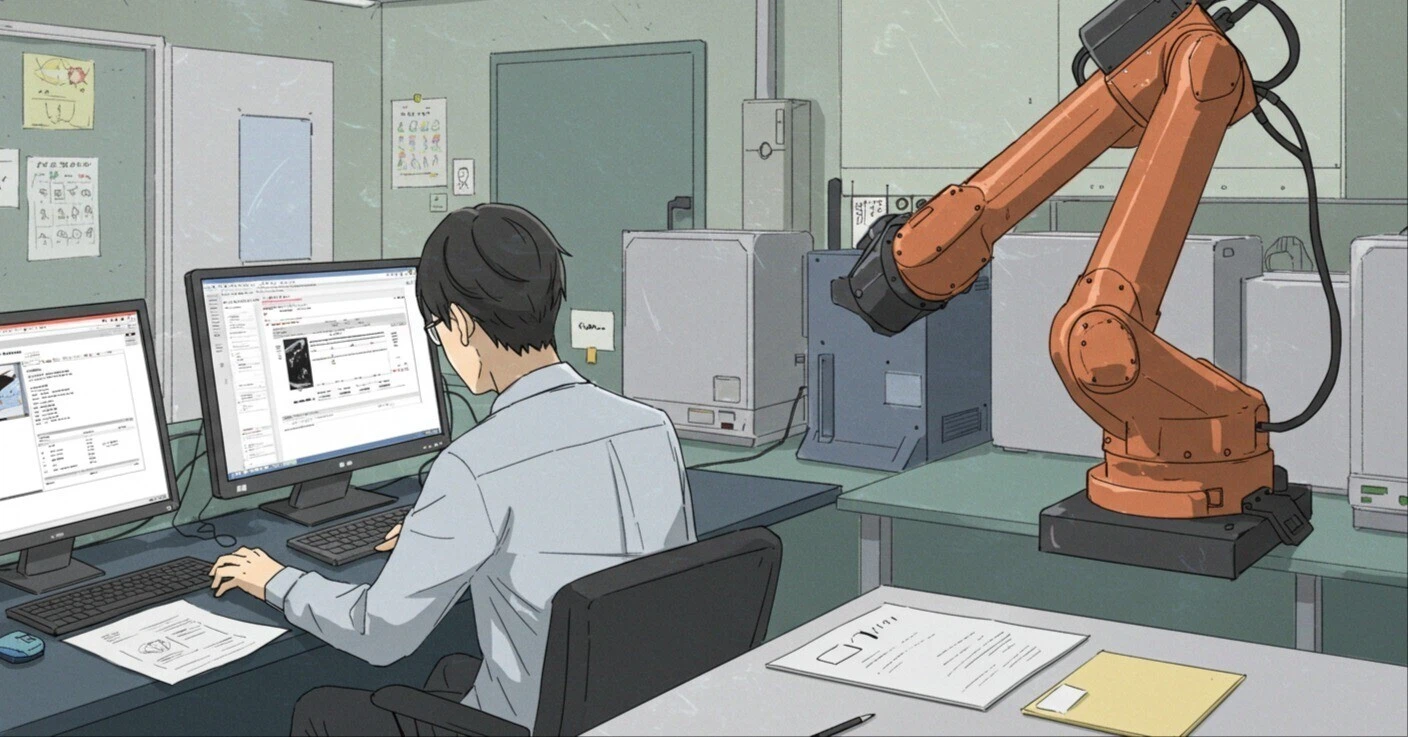 製造業の職場で事務作業を行う20代男性の卒業生