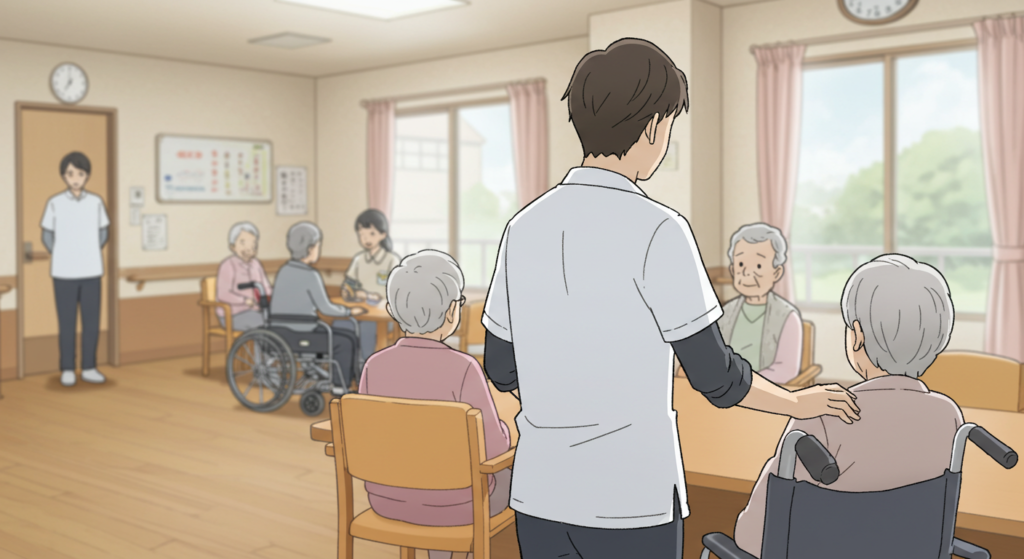 福祉施設で介護職として働く30代男性の卒業生