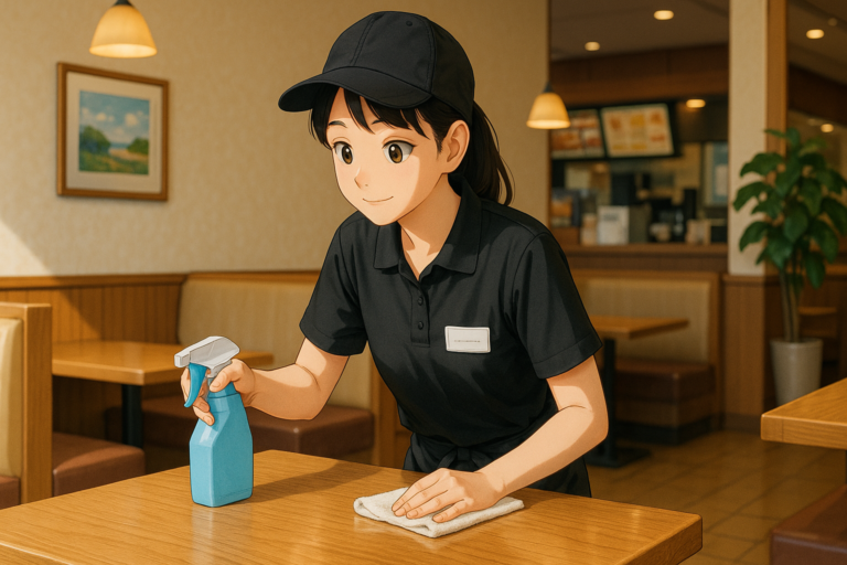 飲食店で清掃業務を行う20代女性