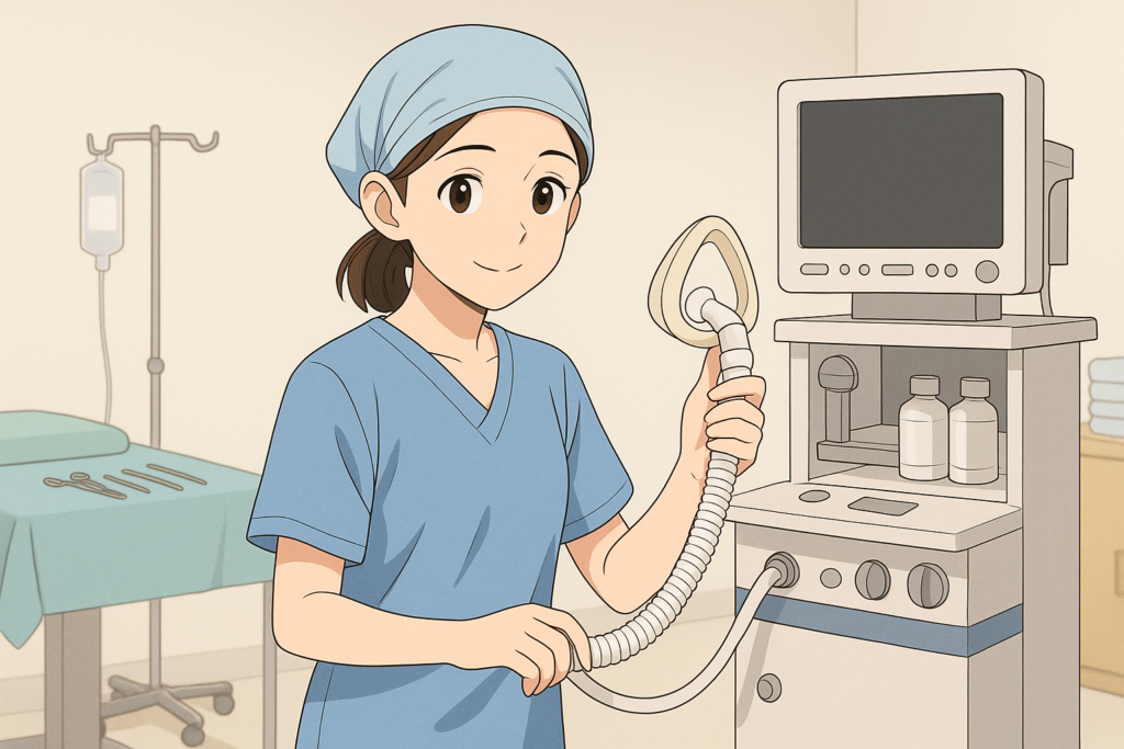 医療現場で働く女性が看護助手として機器を手にするイラスト