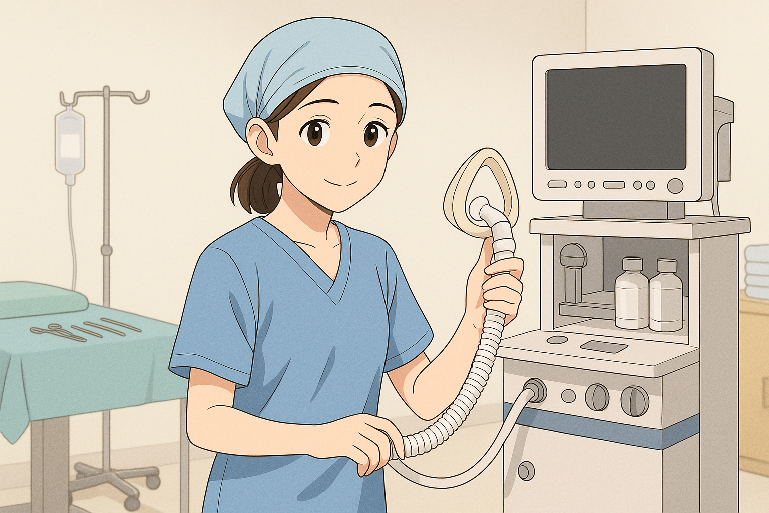 医療現場で働く女性が看護助手として機器を手にするイラスト