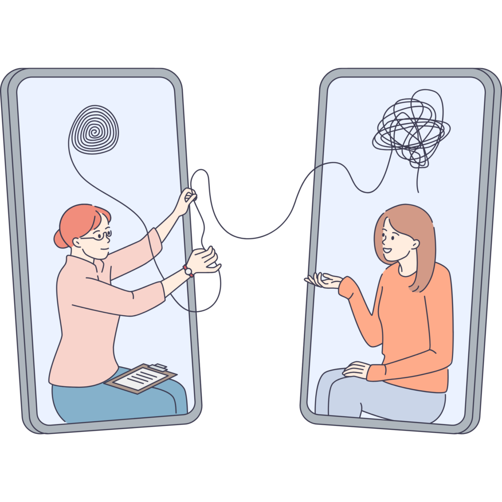 スマートフォンの画面越しに、絡まった糸をほどくように話を聞くスタッフのイラスト