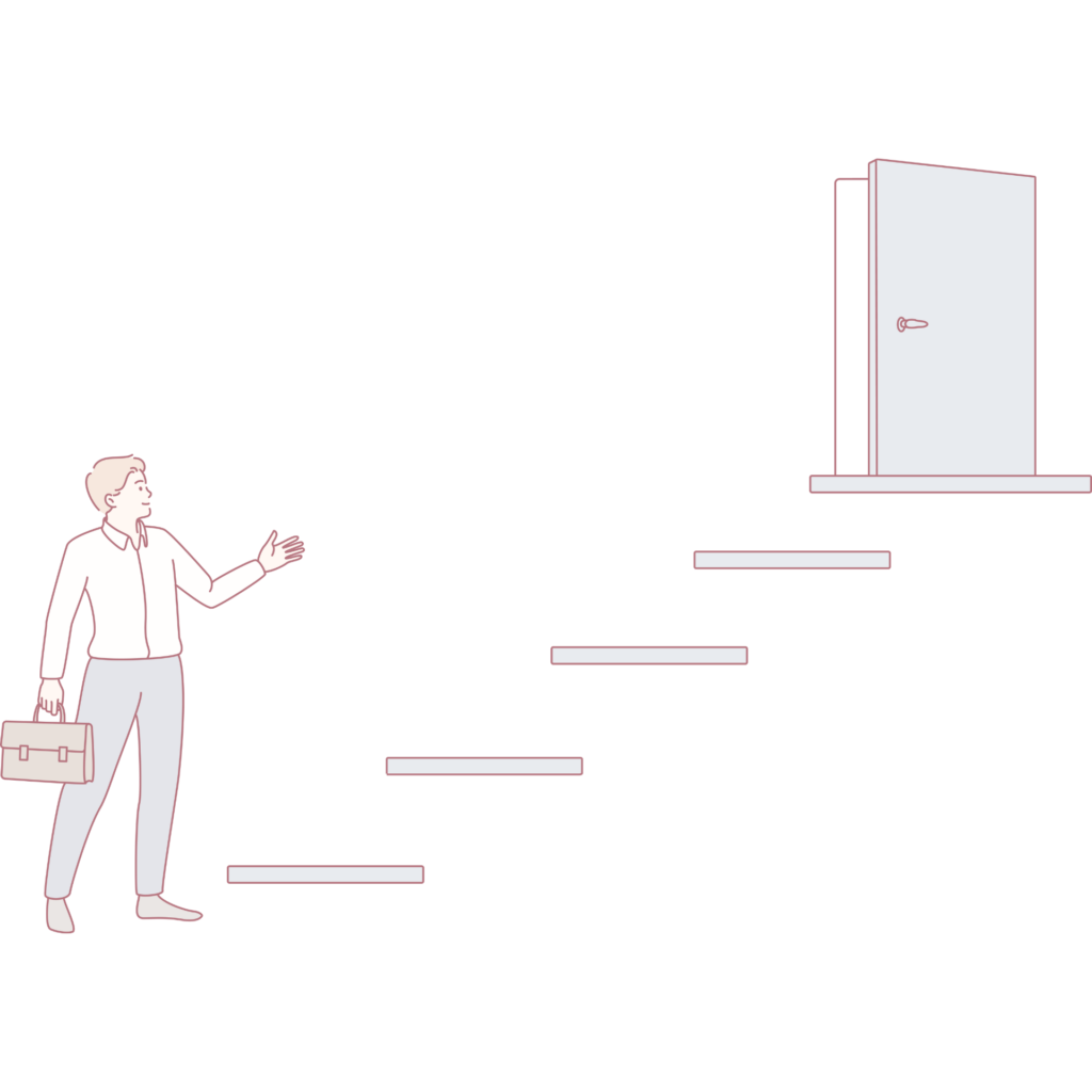 階段の先にある扉に向かって進もうとする人のイラスト