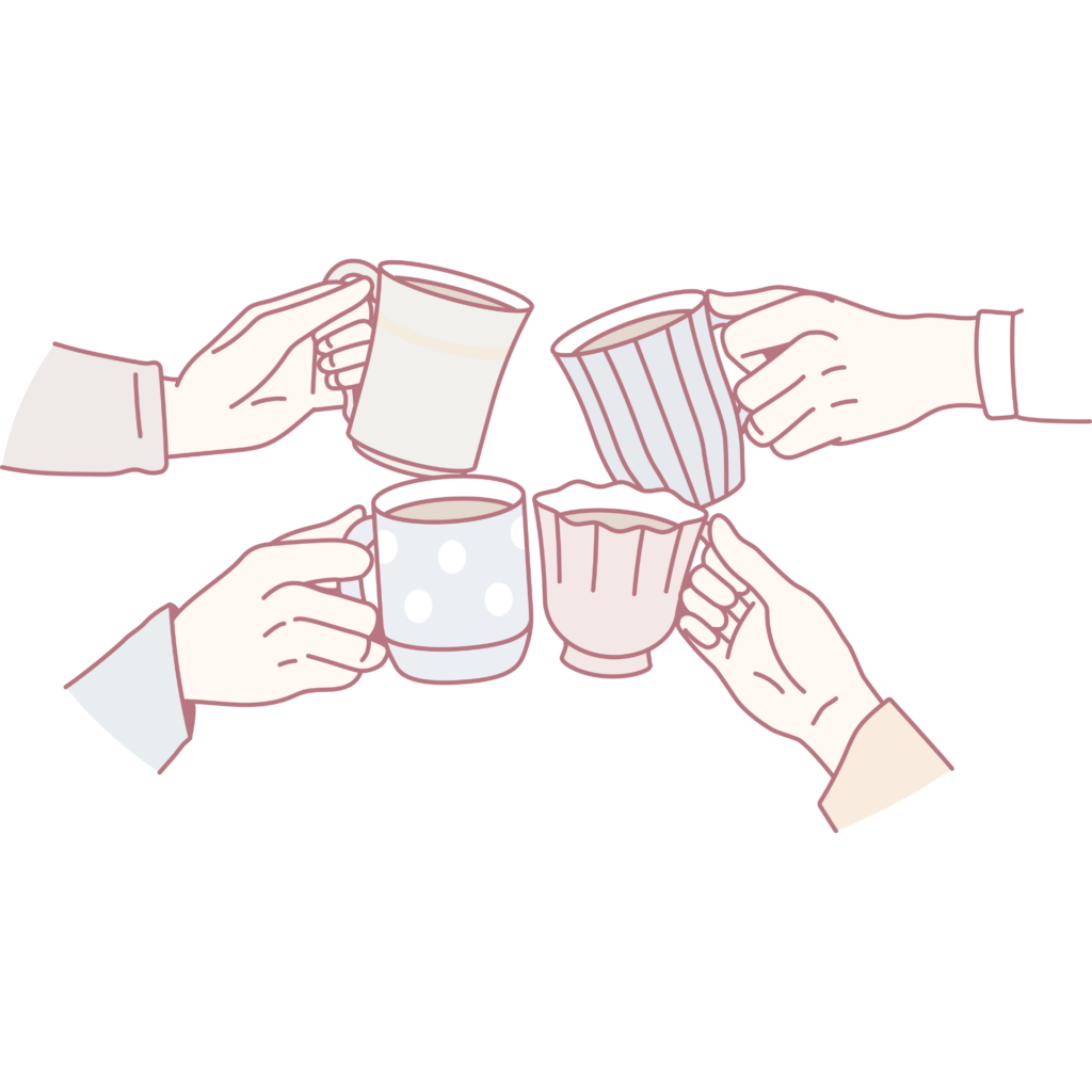 複数人が集まり、飲み物を手に気軽に雑談しているイラスト