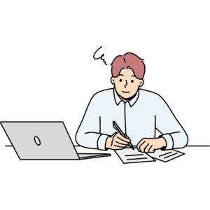 パソコンを使いながら日報を記入し、提出している様子のイラスト