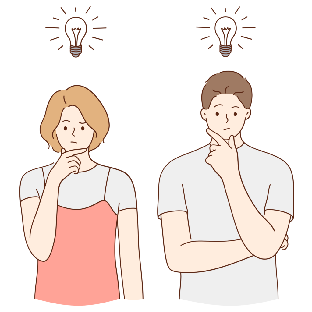あごに手を当てて考える2人と、頭の上の電球のイラスト