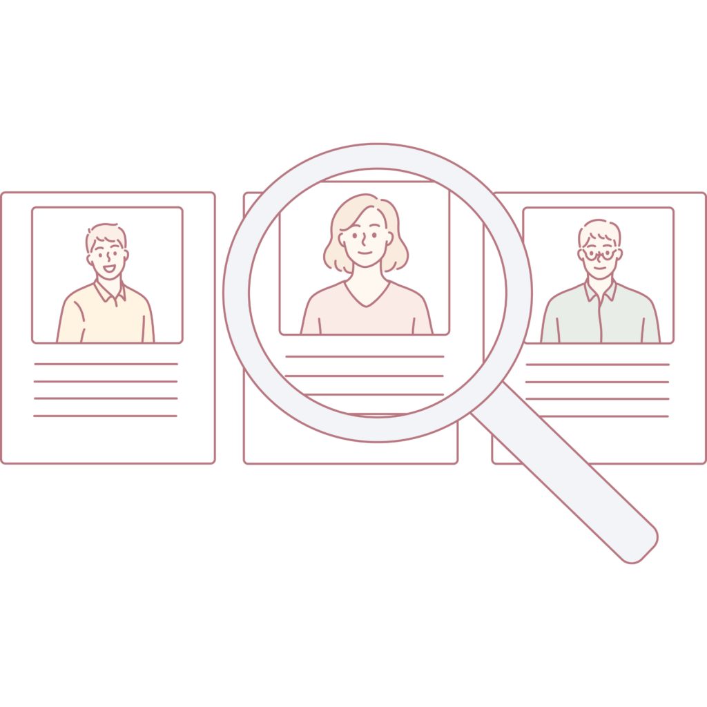 虫めがねで、3人のプロフィールの書類を見比べているイラスト