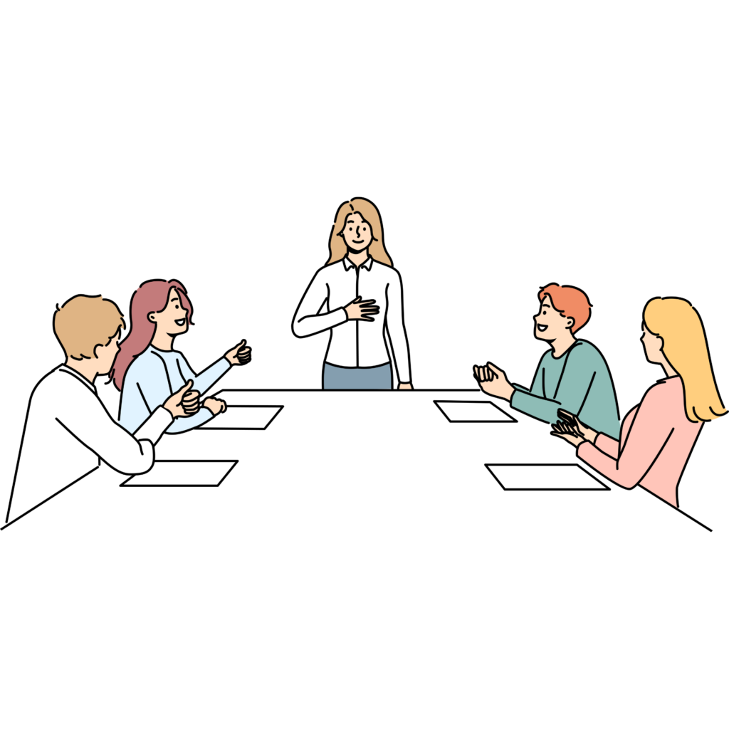 集団プログラムで参加者同士が発言や拍手を通して交流している様子のイラスト