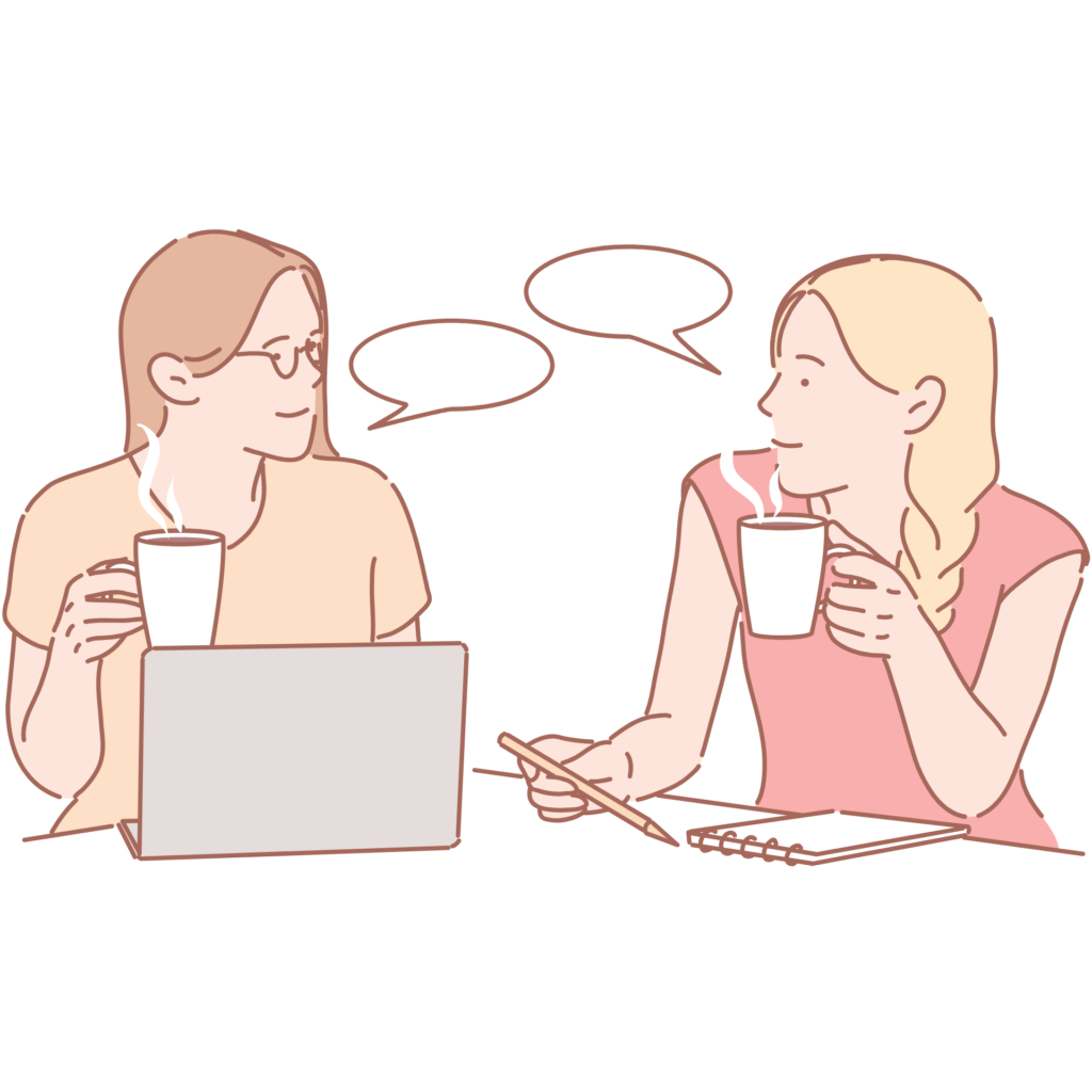飲み物を手にアイスブレイクで雑談している二人のイラスト