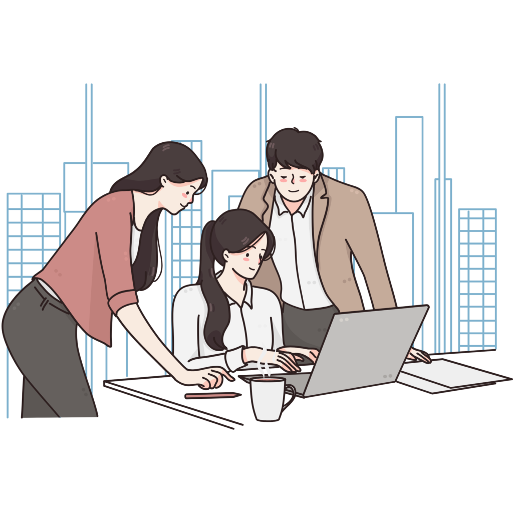 事業所内の模擬会社で、スタッフと一緒にパソコン作業を行う利用者の様子