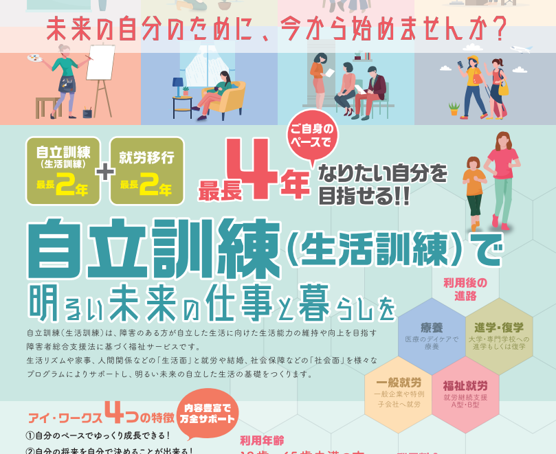 自立訓練（生活訓練）を通じて、明るい未来の仕事と暮らしを目指すアイ・ワークス神戸三宮のフライヤー用イラスト