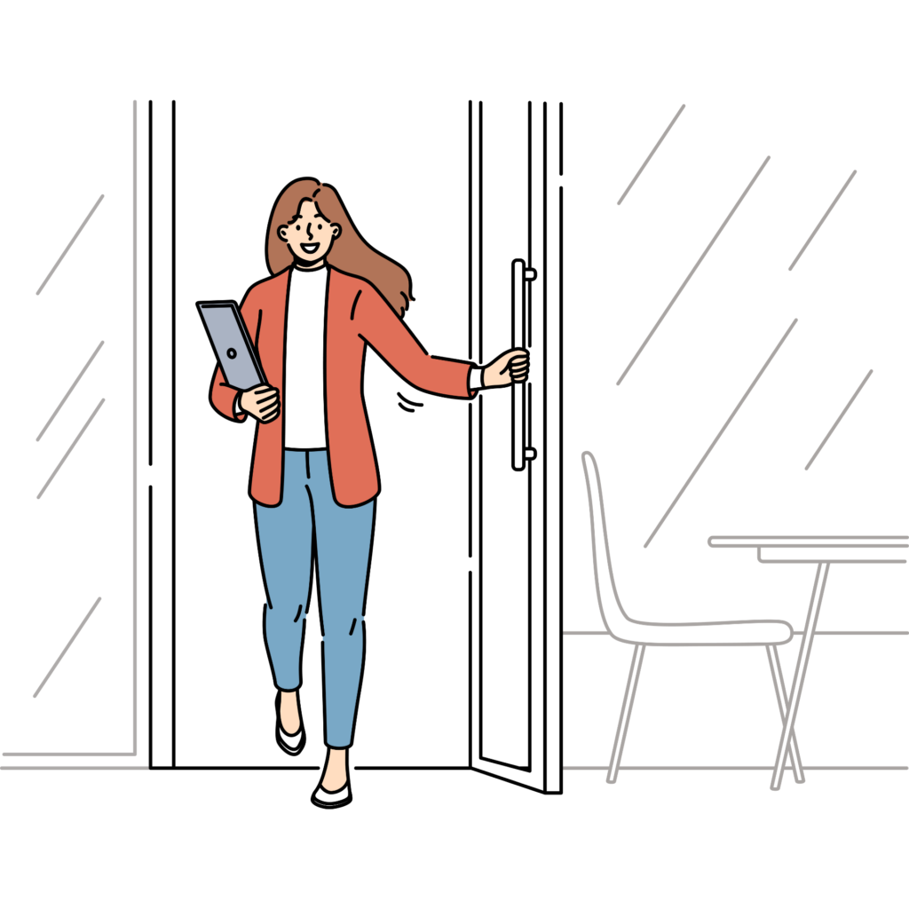 支援プログラムを終え、タブレットを持って笑顔で帰宅する女性のイラスト