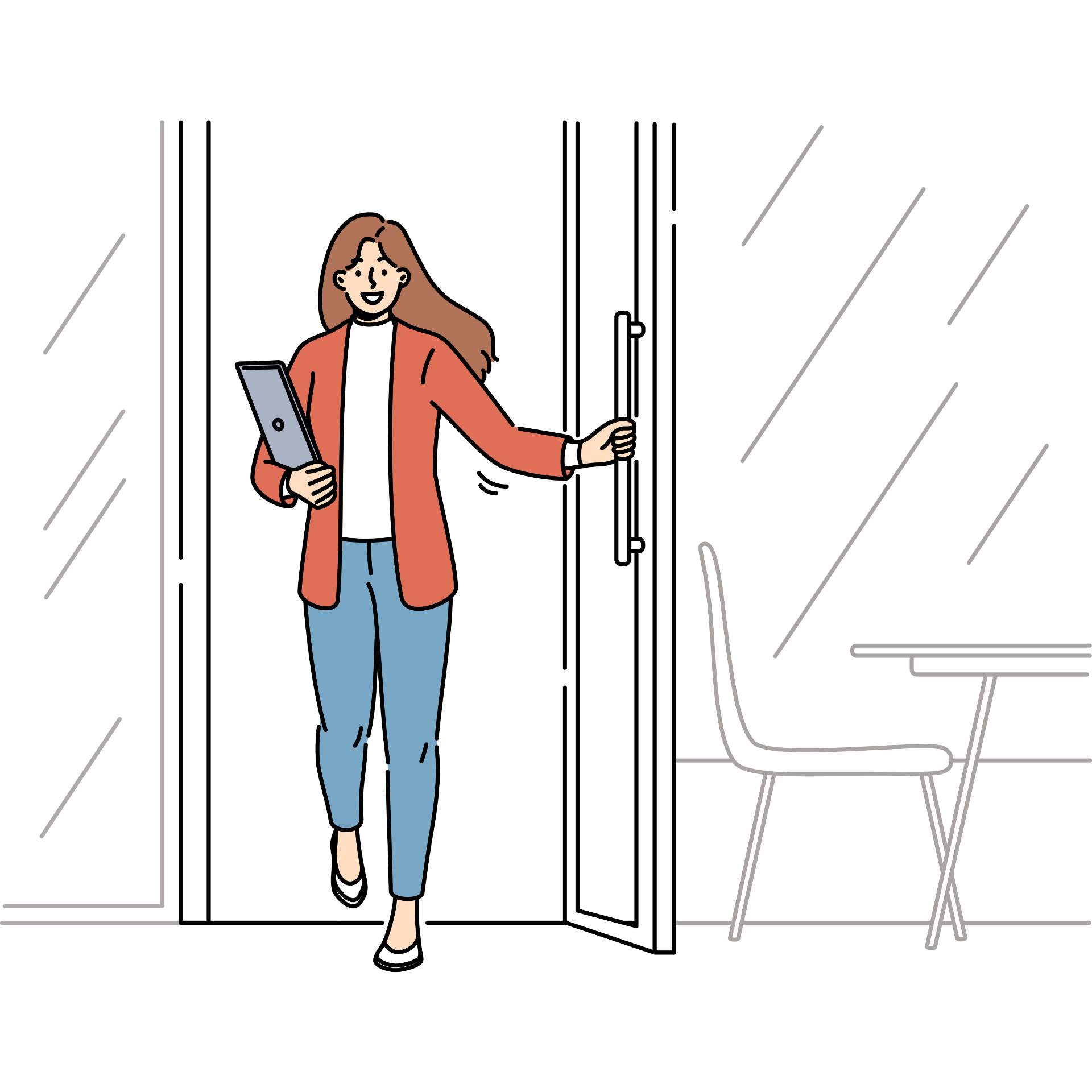 ドアを開けて出入りする女性のイラスト