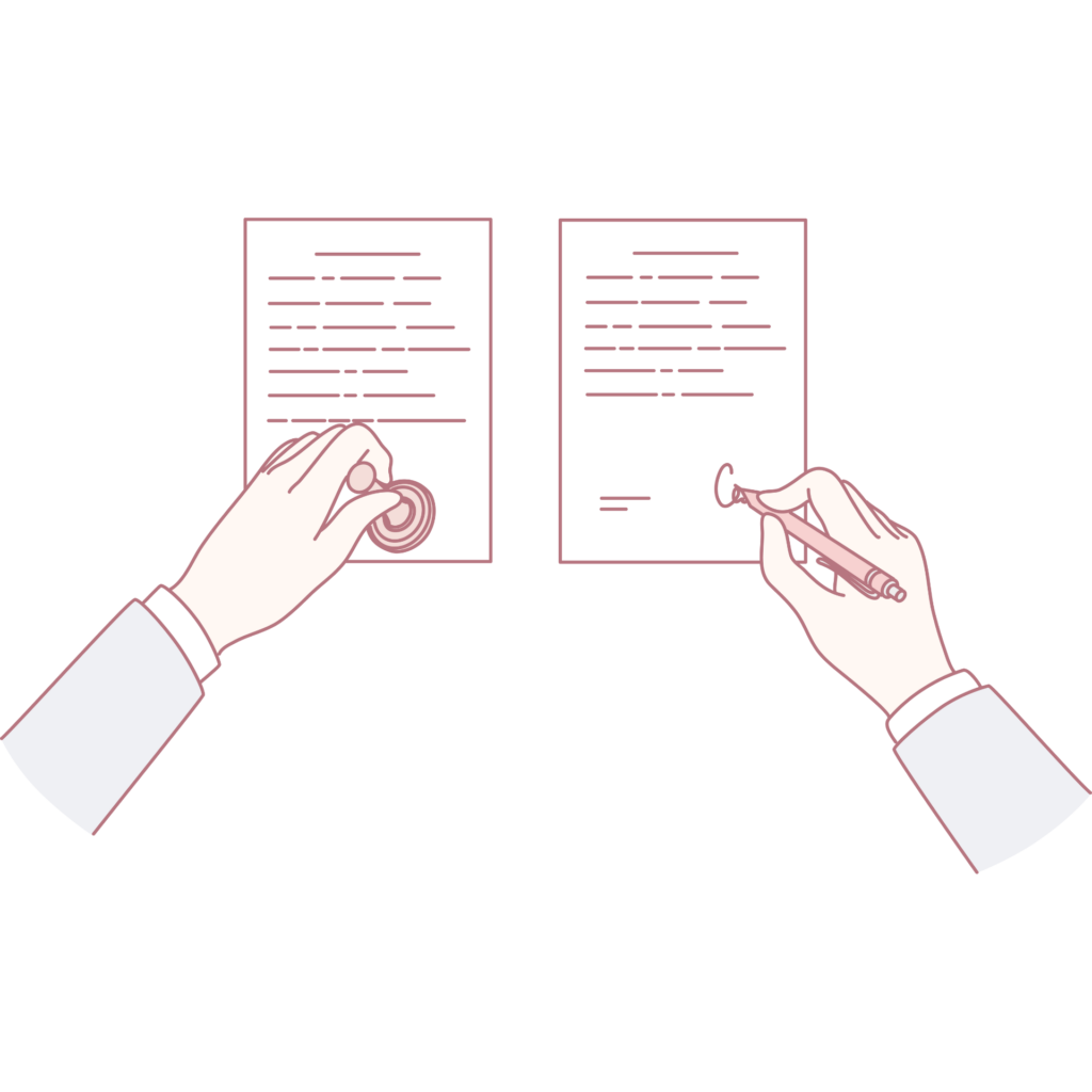 書類に押印や記入を行い、SIM評価で作業や行動を確認しているイメージ