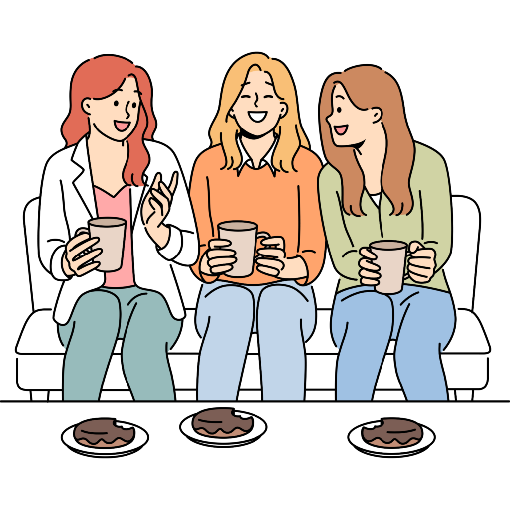 飲み物を持って笑顔で雑談している人たちのイラスト