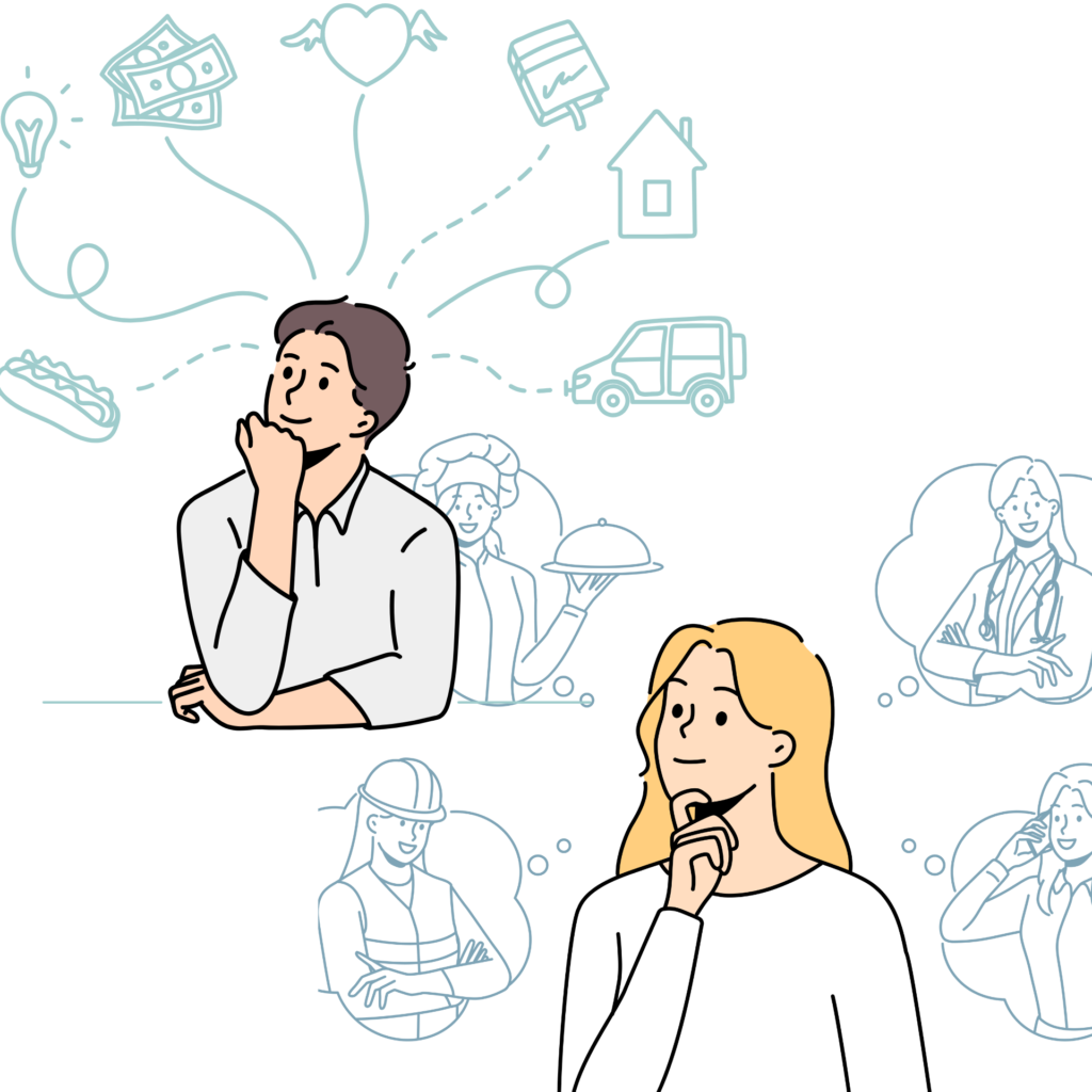 公式サイトのトップページ用メインビジュアル。男女が笑顔で自身の明るい未来を想像しているイラスト。男性の頭上には家、車、お金、趣味などの生活イメージが、女性の背景には医師、料理人、建築、デスクワークなど様々な職業のシルエットが描かれており、就労を通じて広がる人生の可能性を表現したフラットデザイン。