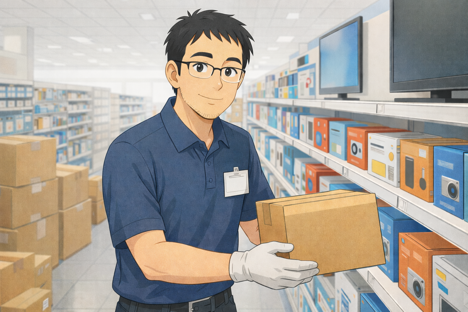 家電量販店で働く卒業生のイメージイラスト。アイ・ワークスで訓練後に就職した方のインタビュー記事用画像。