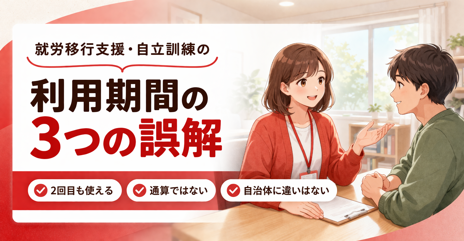 就労移行支援・自立訓練の利用期間に関する3つの誤解を解説する画像。支援者と利用者が相談している様子のイラスト。