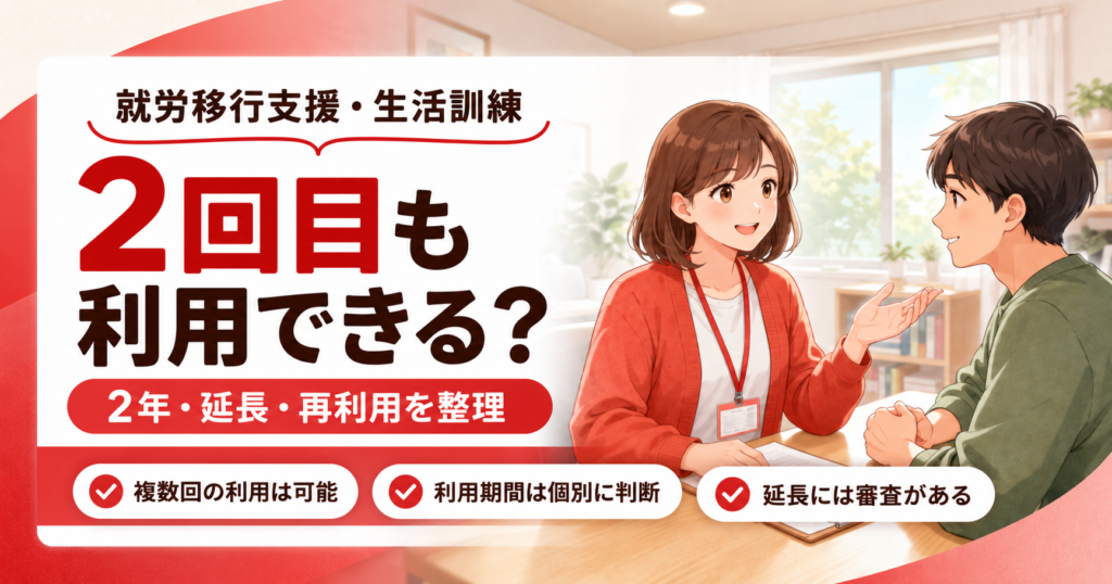 就労移行支援・生活訓練の2回目利用や利用期間、延長、再利用について解説するアイキャッチ画像