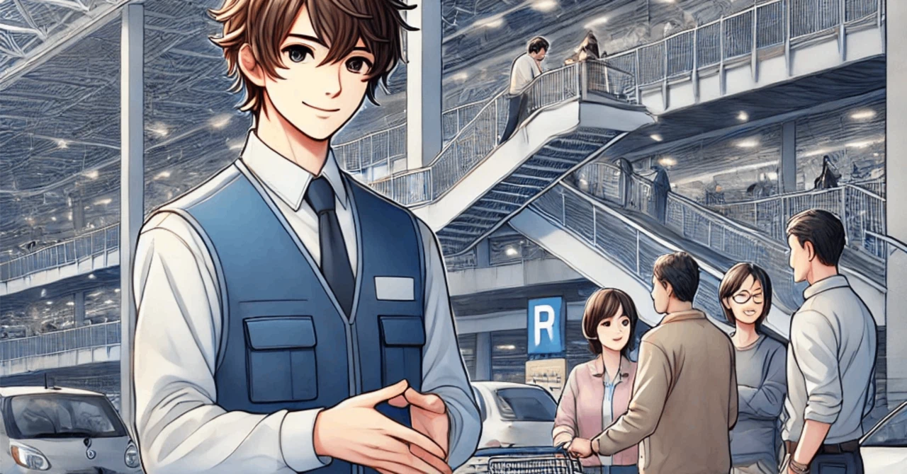 小売業の接客職で働く30代男性の卒業生イメージイラスト。アイ・ワークス西明石で訓練後に就職した方のインタビュー記事用画像。