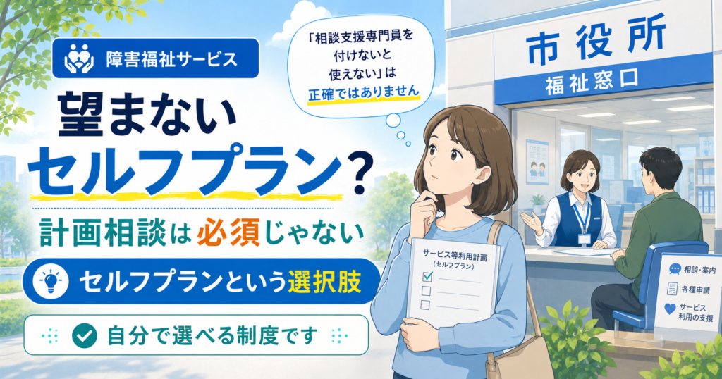 望まないセルフプランという疑問とともに、計画相談は必須ではなくセルフプランという選択肢があることを示すアイキャッチ画像