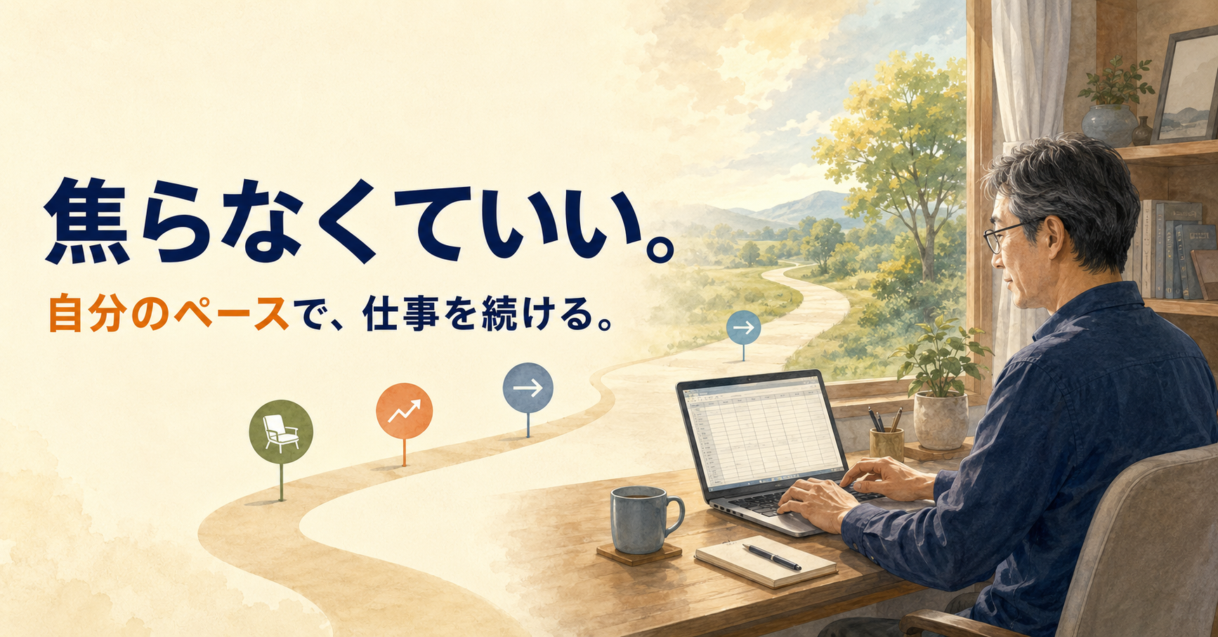 自宅のパソコンでデータ入力の在宅ワークをする50代男性の卒業生イメージイラスト。アイ・ワークス西明石で訓練後に就職した方のインタビュー記事用画像。