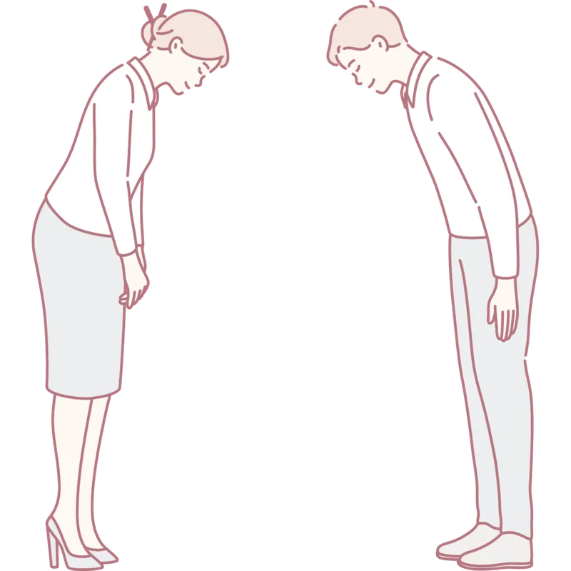 男性と女性が向かい合ってお辞儀の練習をしているイラスト