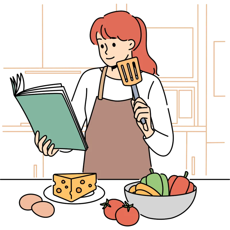 エプロンを着けた女性が、レシピ本を見ながら料理の準備をしているイラスト