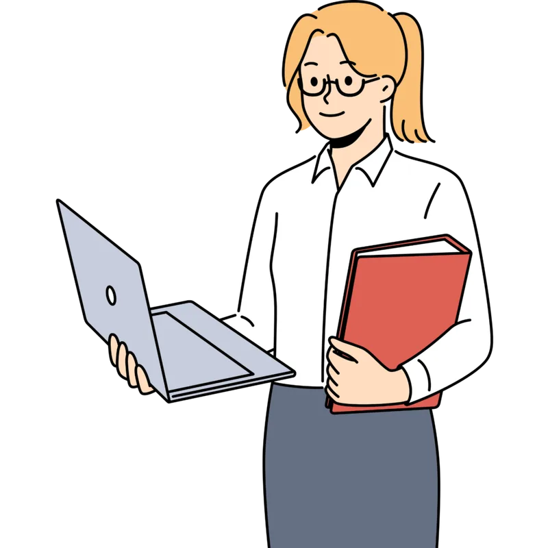 ノートパソコンとファイルを持って立つ女性スタッフのイラスト