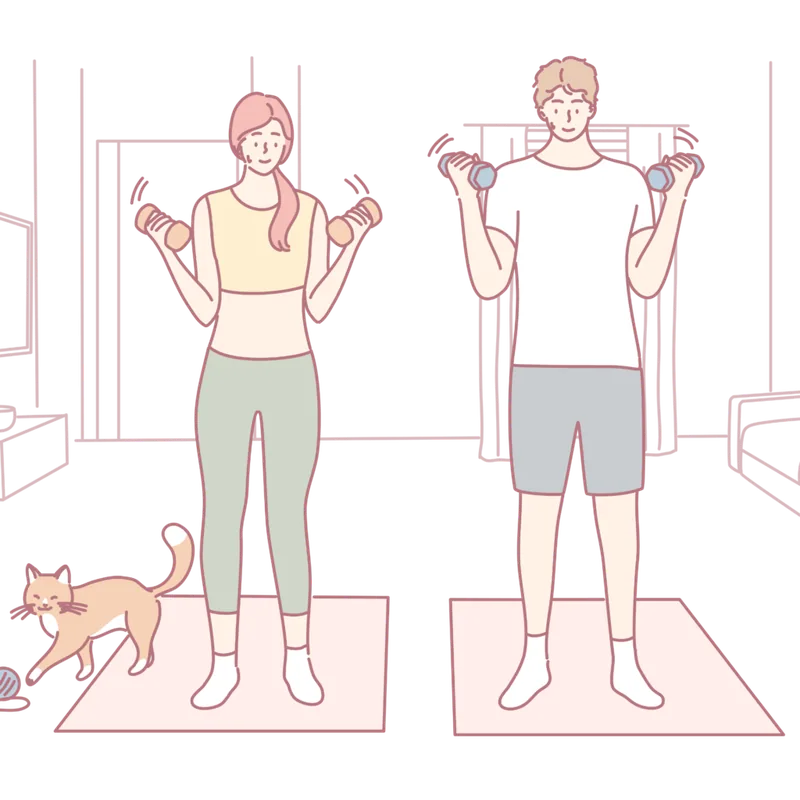 自宅でヨガマットを敷き、ダンベルを持って笑顔で軽い運動に取り組む男女のイラスト