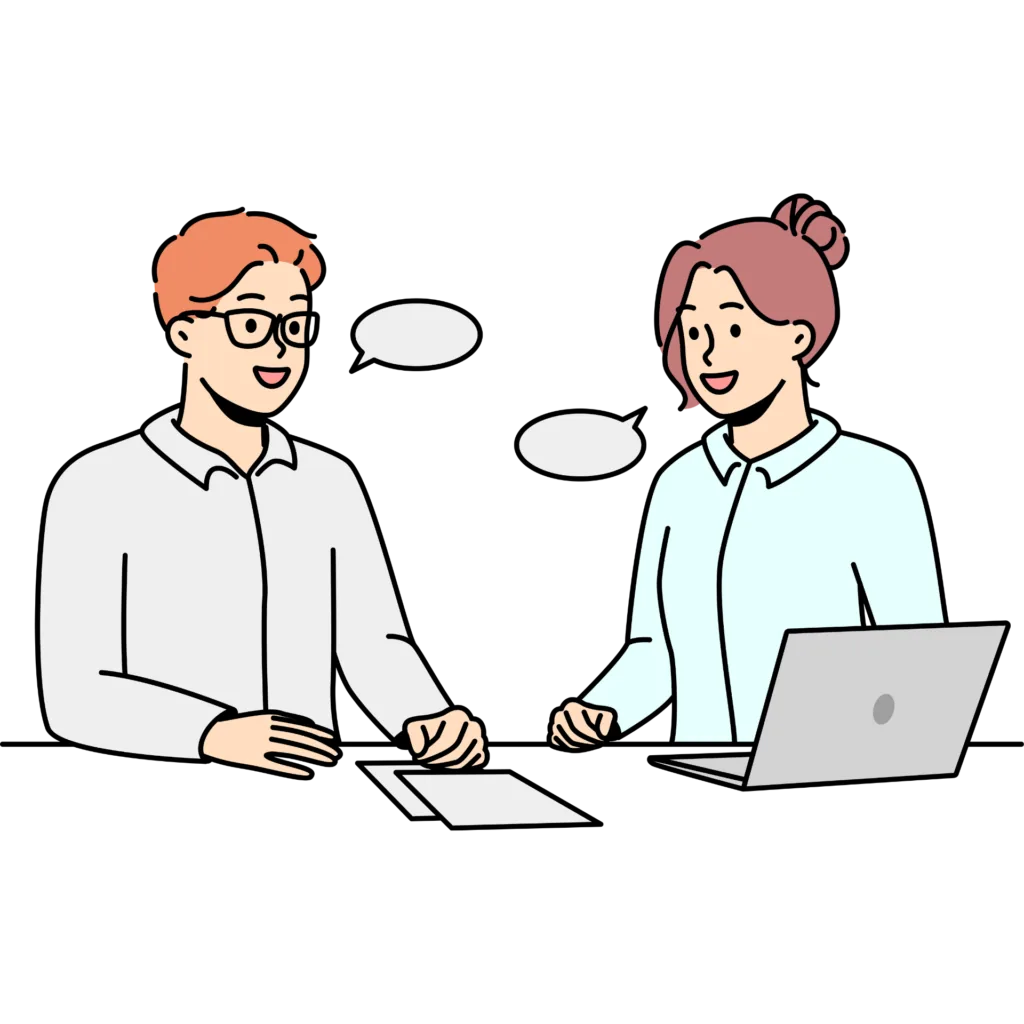 個別ブースで、参加者が支援員に質問や悩みを相談しているイラスト。ノートパソコンと資料を広げ、リラックスした雰囲気で話している
