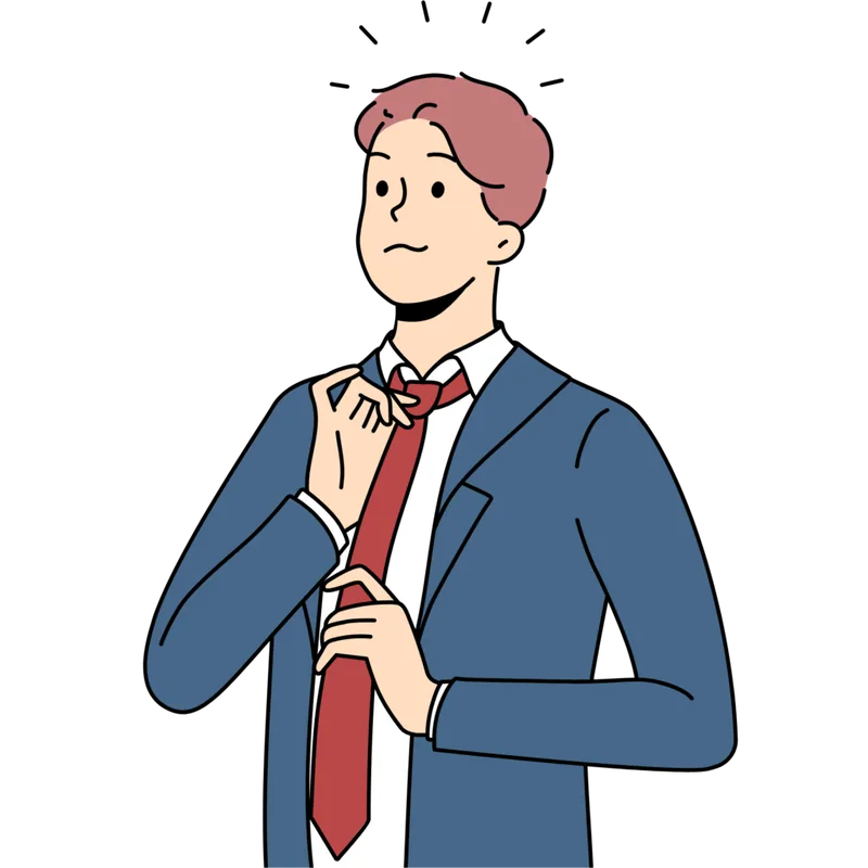 スーツ姿の男性が、ネクタイを締め直して身だしなみを整えているイラスト