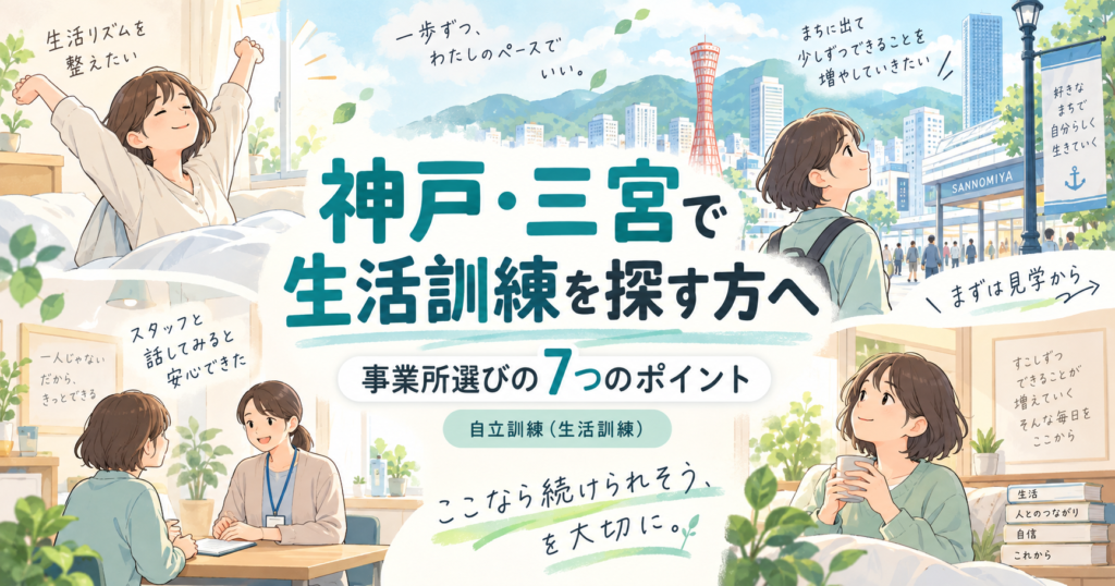 神戸・三宮で生活訓練を探す方に向けた事業所選びの7つのポイントを紹介するイメージ