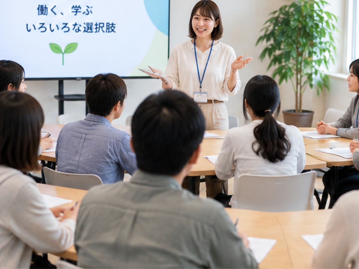 テーブルを囲んで話を聞く参加者とスタッフの様子