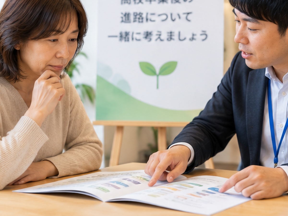 テーブルを囲んで進路の相談をする保護者とスタッフ