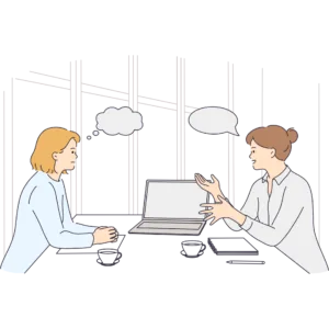 テーブルを挟んで向かい合い、相談をしている2人の女性のイラスト