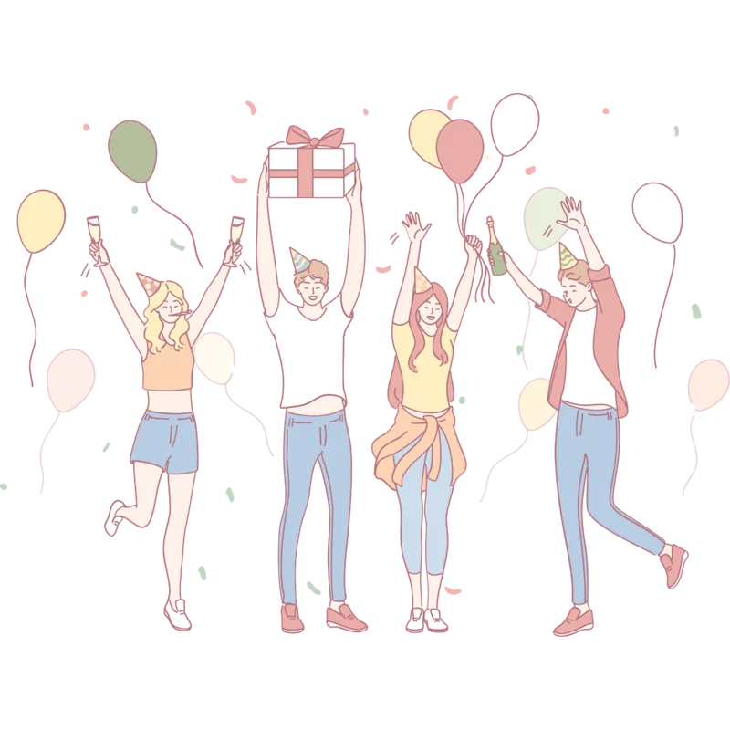 パーティーハットを被り、クラッカーやプレゼントを持って盛り上がる4人の男女のイラスト