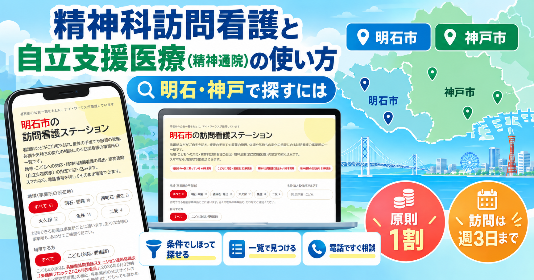 精神科訪問看護と自立支援医療の使い方を紹介する明石・神戸の訪問看護ステーション検索画面