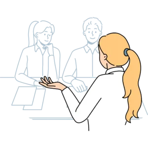 女性スタッフが利用の手続きについて説明しているイラスト
