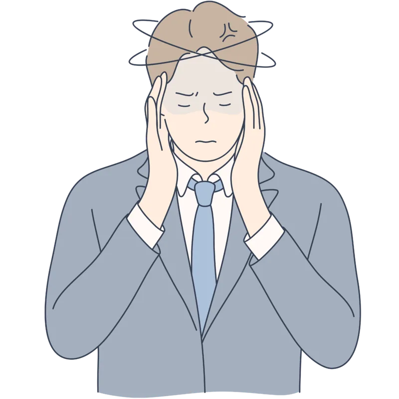 スーツを着た男性が、ストレス過多により、めまいや頭痛に襲われて頭を抱え、辛そうにしている線画イラスト。