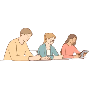 机に並んで座り、学習に取り組む3人の若者のイラスト