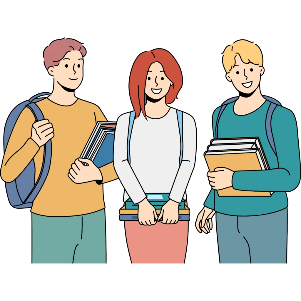 本やノートを抱え、リュックを背負って笑顔で並ぶ3人の若者のイラスト