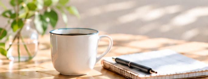 第1回のイメージ:テーブルの上のマグカップとノート